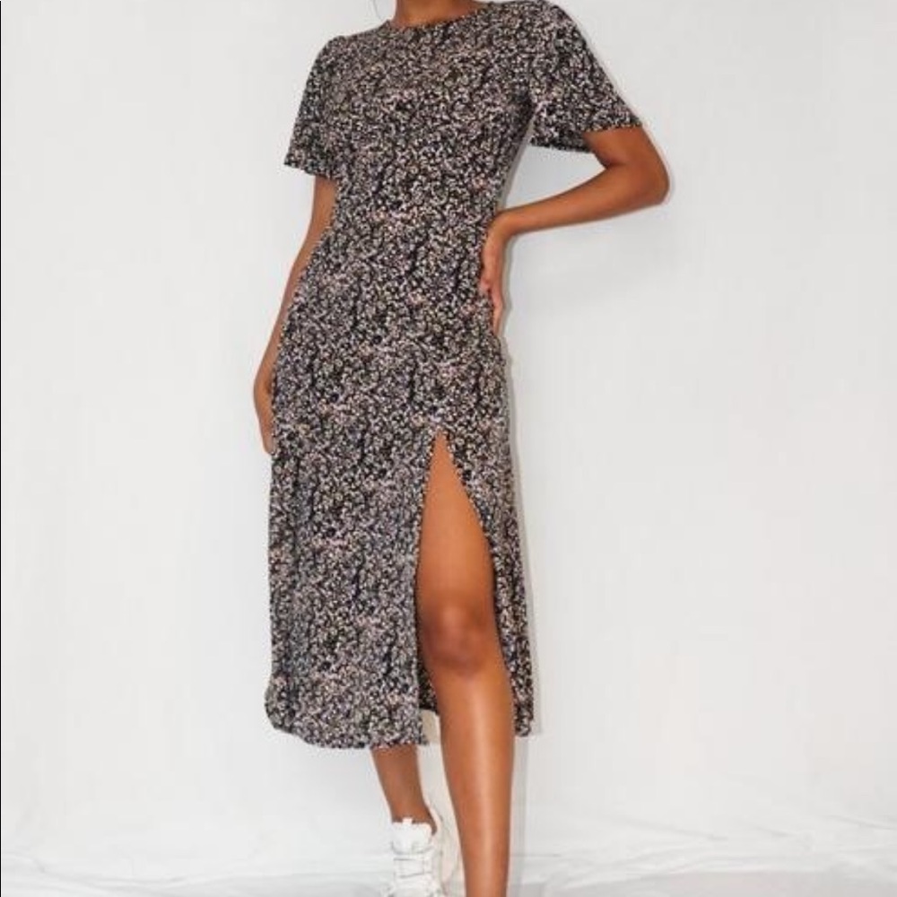 Lilac floral print flutter sleeve midi dress
